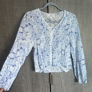 Hippie Rose Blue and White Smocked Puff Sleeve Blouse
